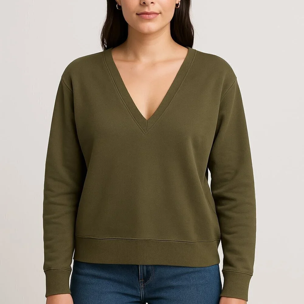 Thakoon Deep Olive V-Neck Cotton Sweatshirt Size Small NWT